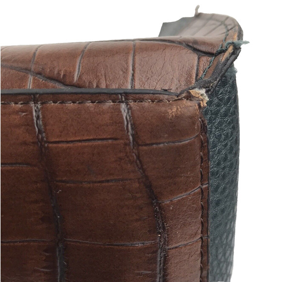 Faux Leather Tote Dark Green Brown Alligator Pattern Handbag Purse 2 Section - Picture 7 of 11